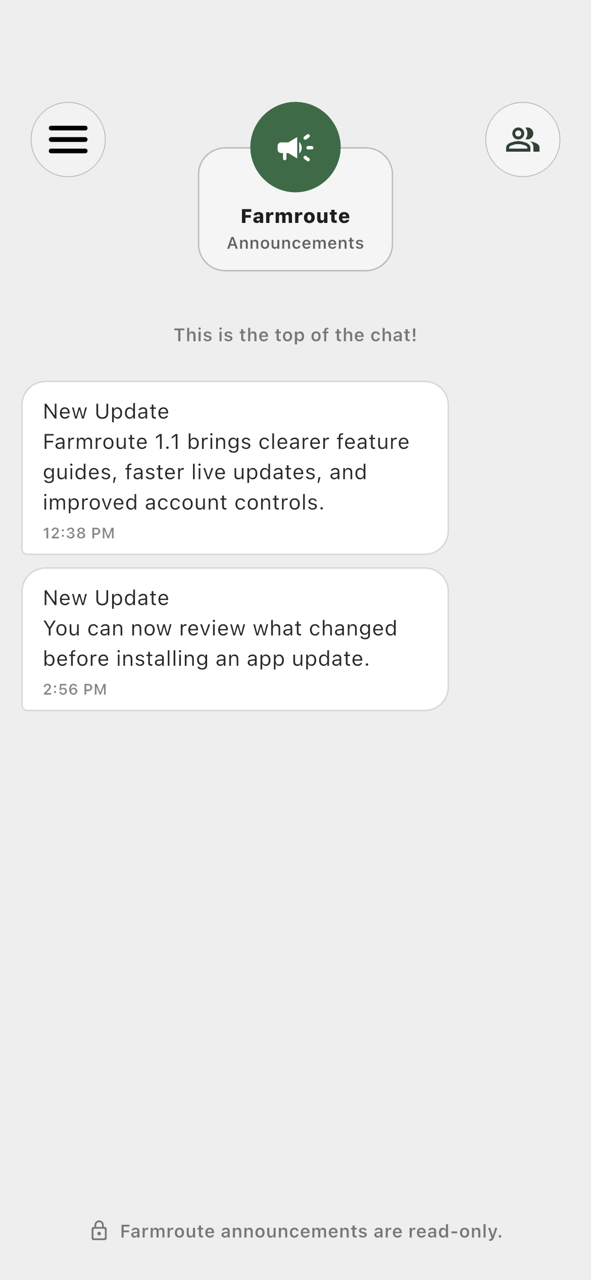 Employee profile viewing the same read-only New Update notices from Farmroute