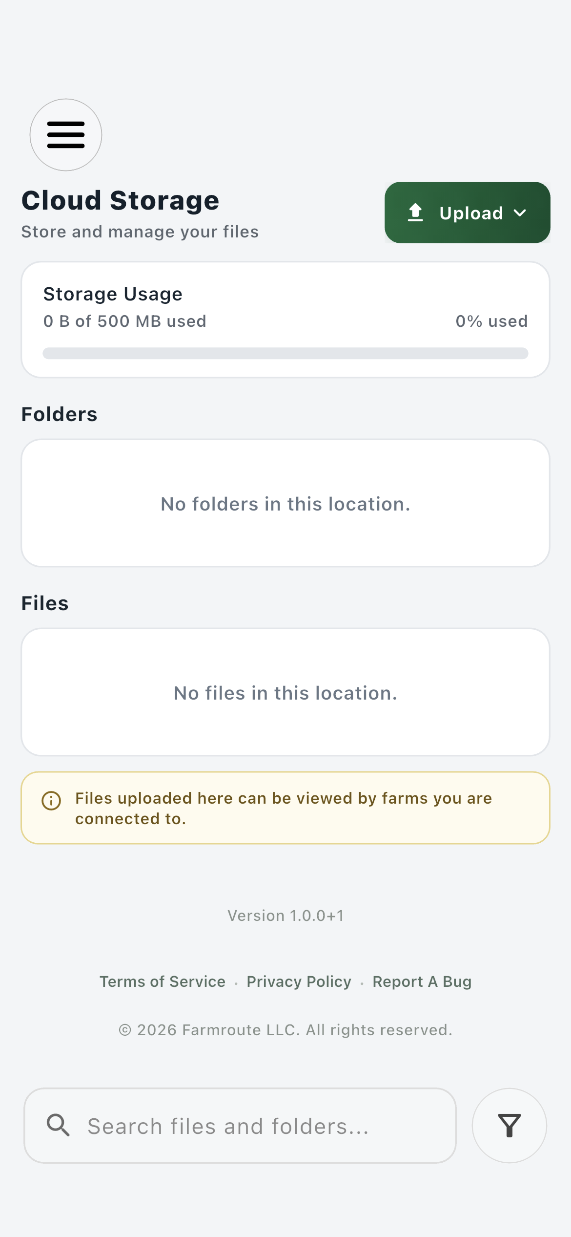 Farmroute employee Cloud Storage showing the separate 500 MB employee quota and connected-farm visibility notice