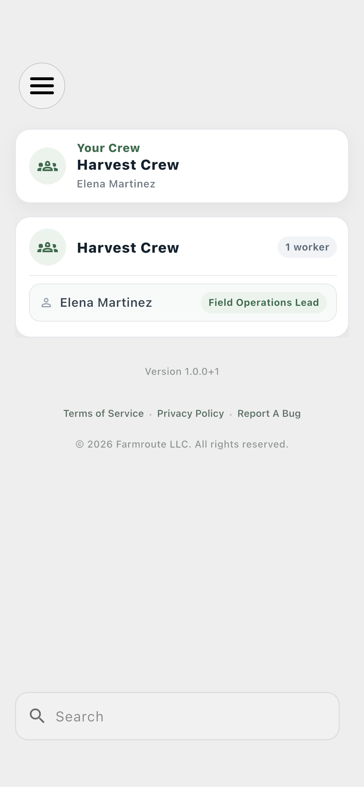 Employee crew view in Farmroute