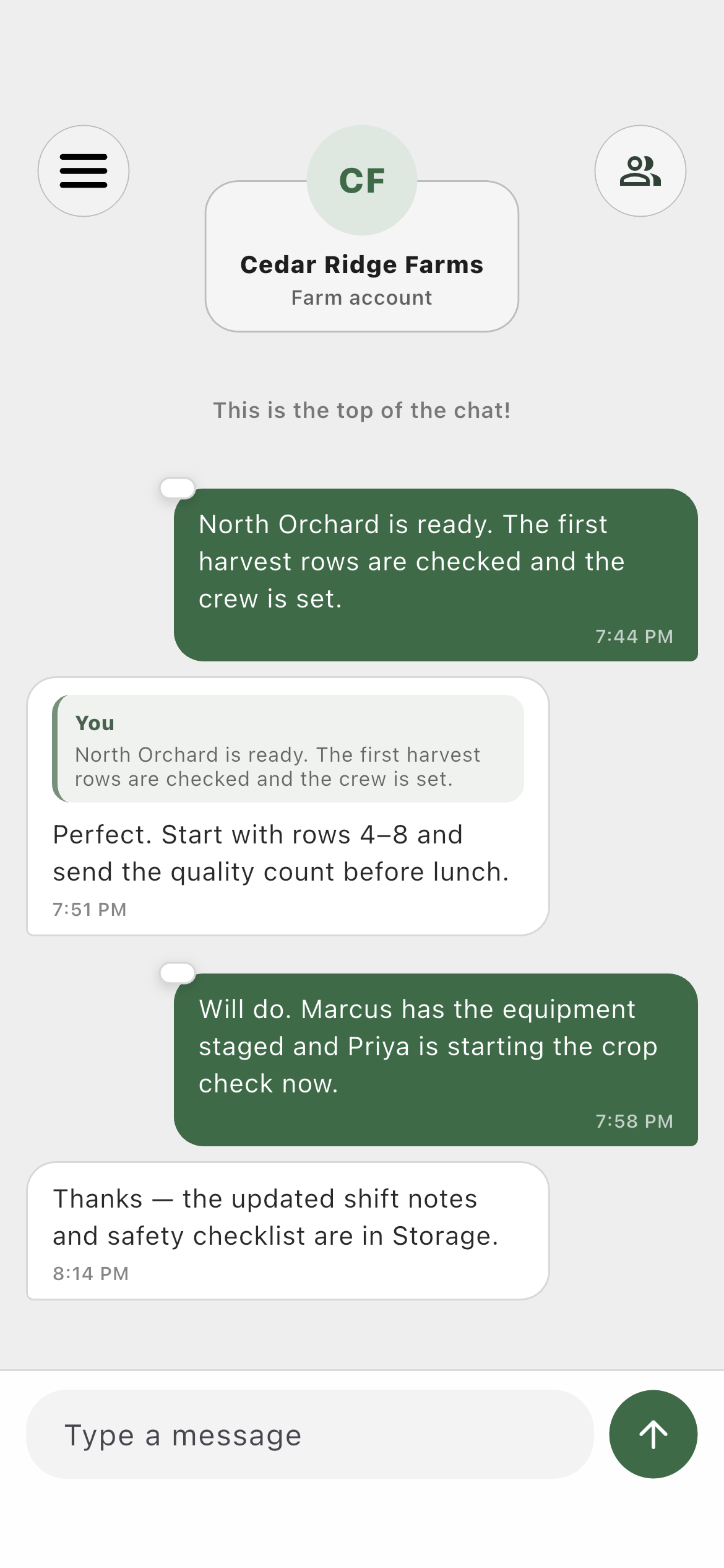 Employee profile direct conversation with Cedar Ridge Farms in Farmroute