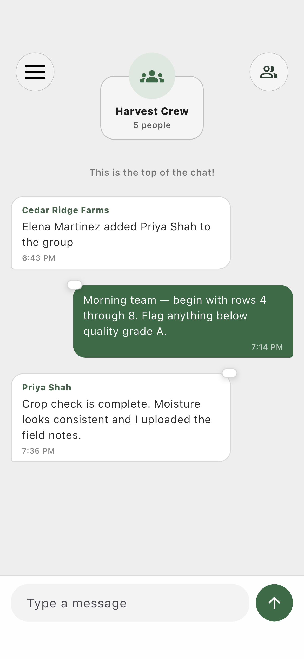 Employee profile viewing the Harvest Crew group conversation