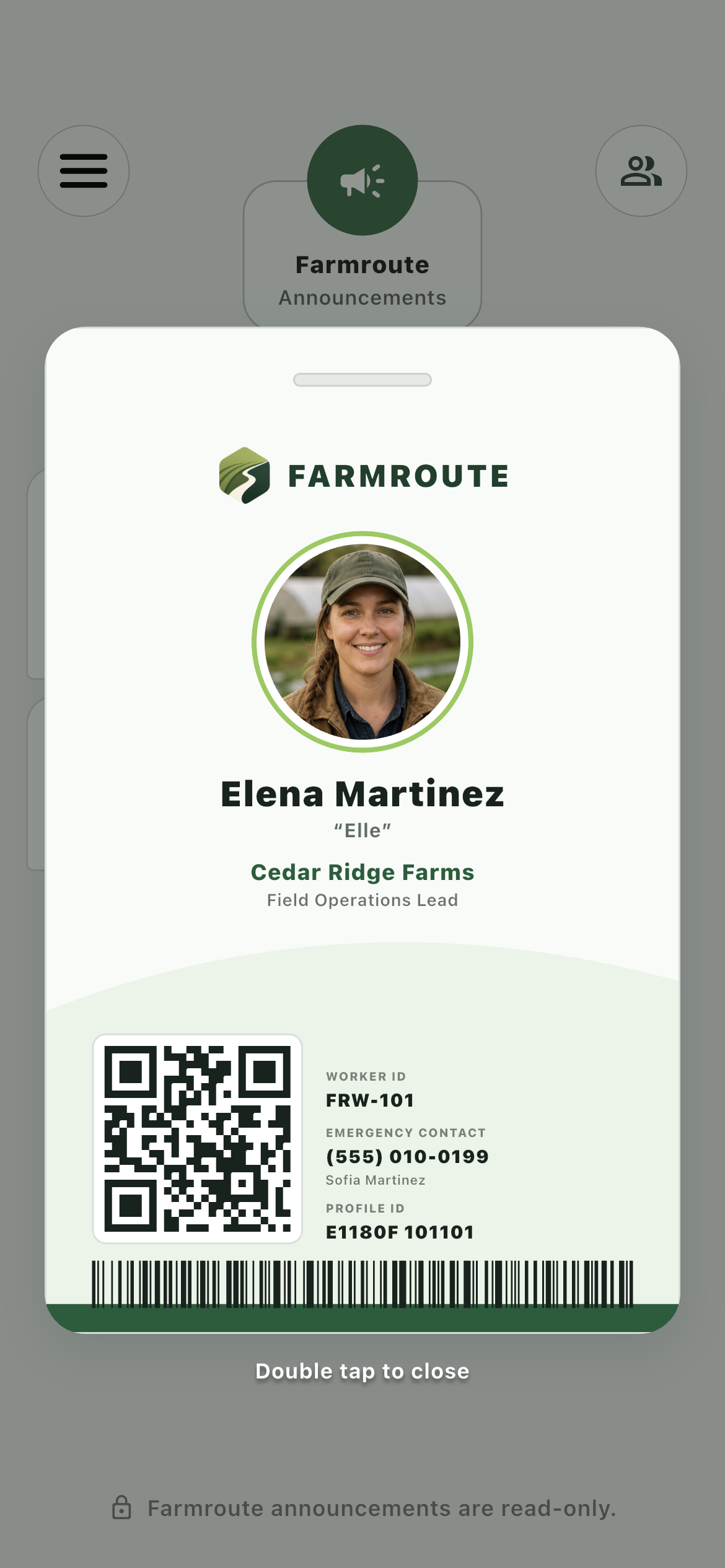 Farmroute employee ID displayed as an overlay with profile photo, farm, worker ID, QR code, and barcode