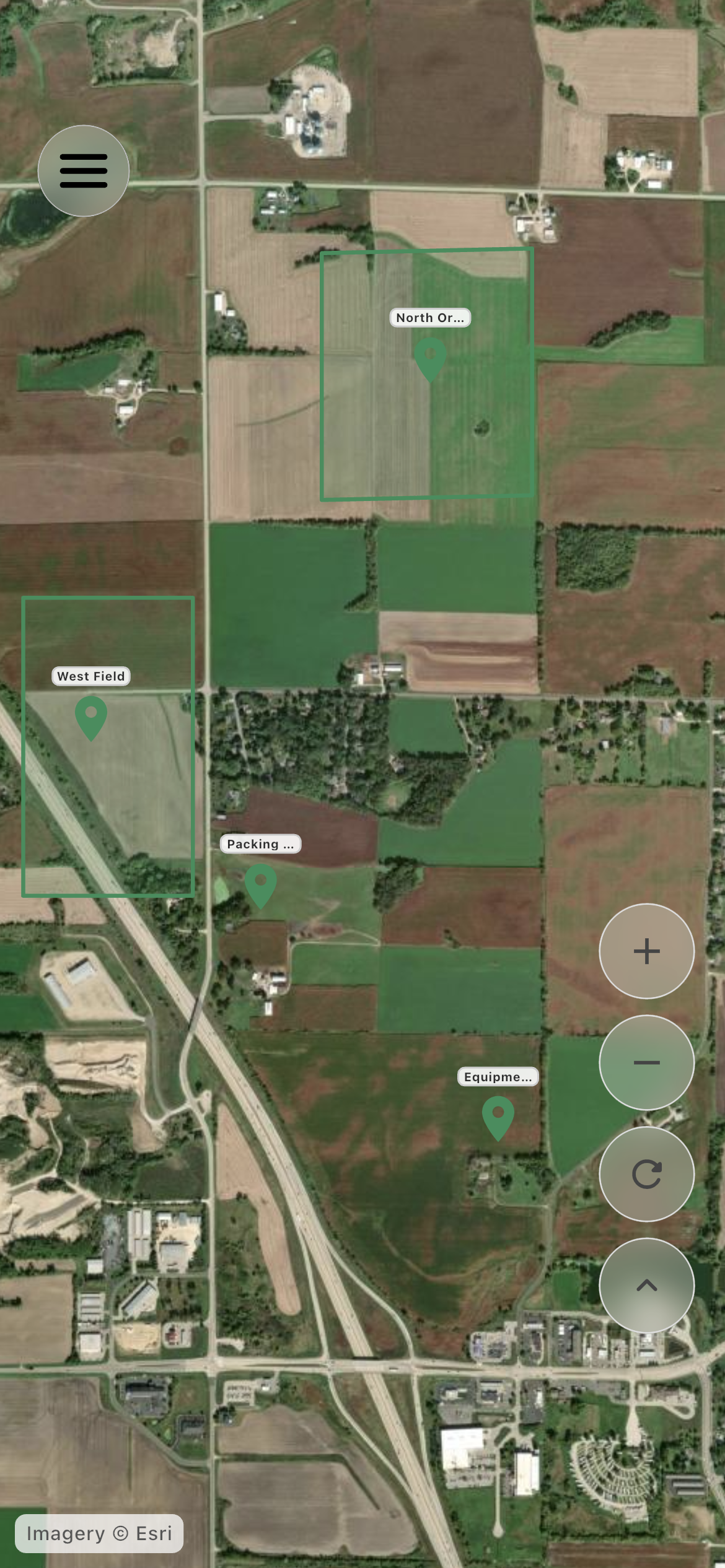 Farmroute employee profile satellite locations map with relationship-scoped markers and field boundaries