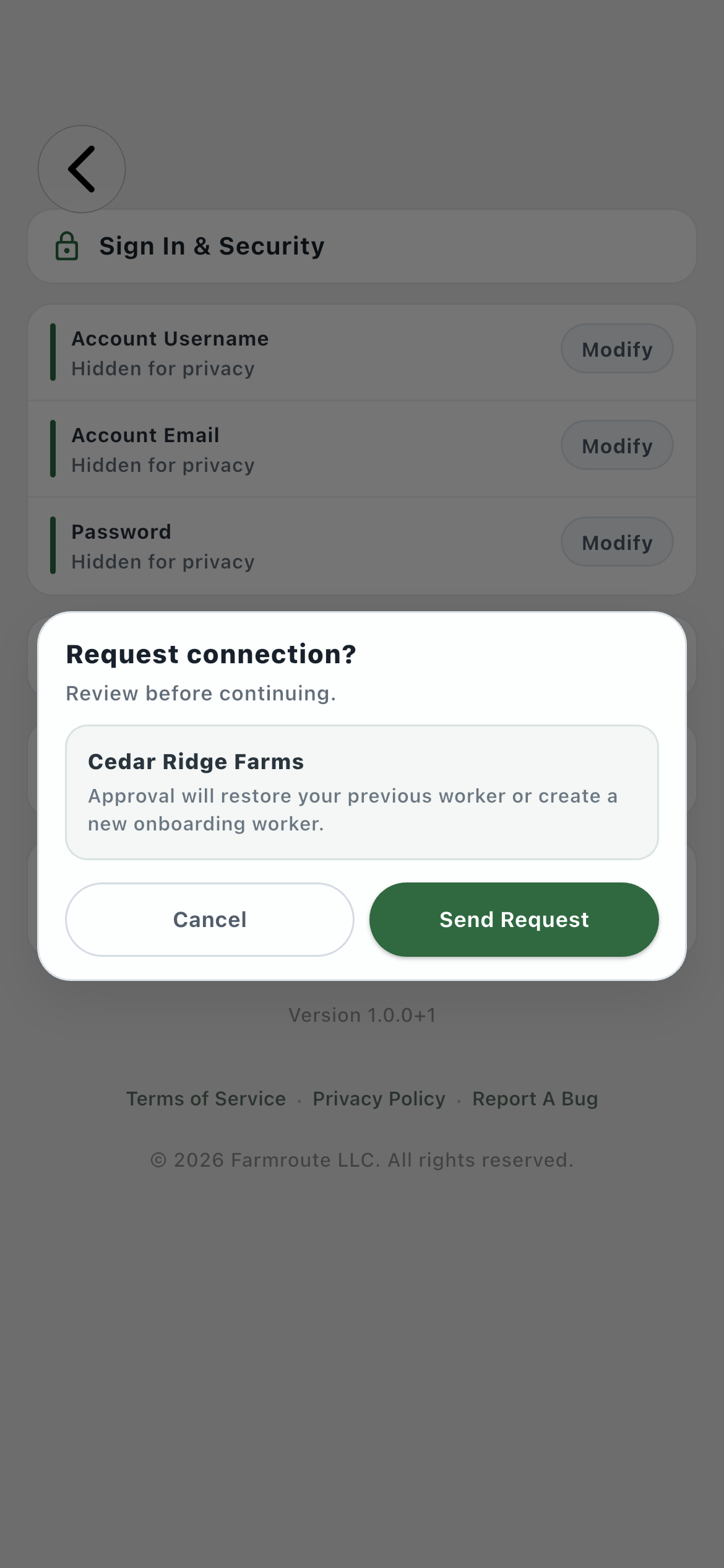Employee confirming a connection request to Cedar Ridge Farms