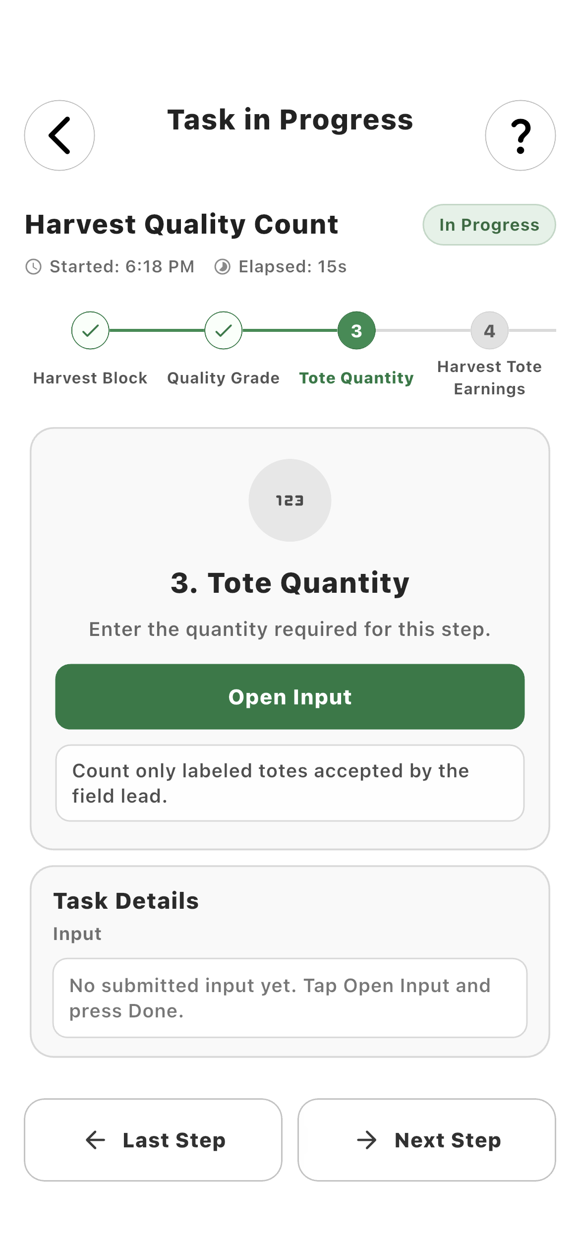 Employee Harvest Quality Count task asking for Tote Quantity