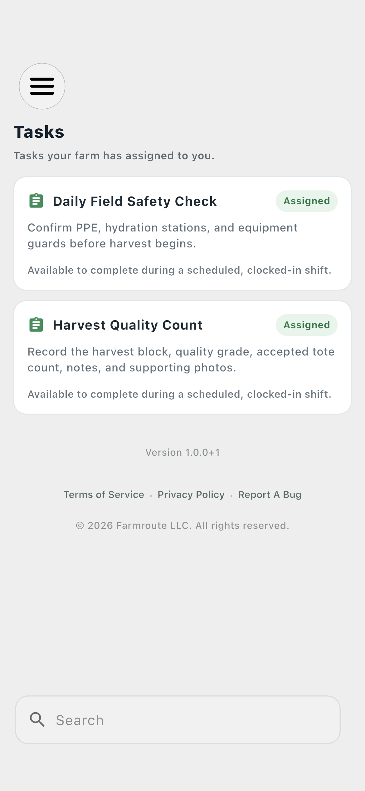 Farmroute employee profile showing assigned safety and harvest tasks