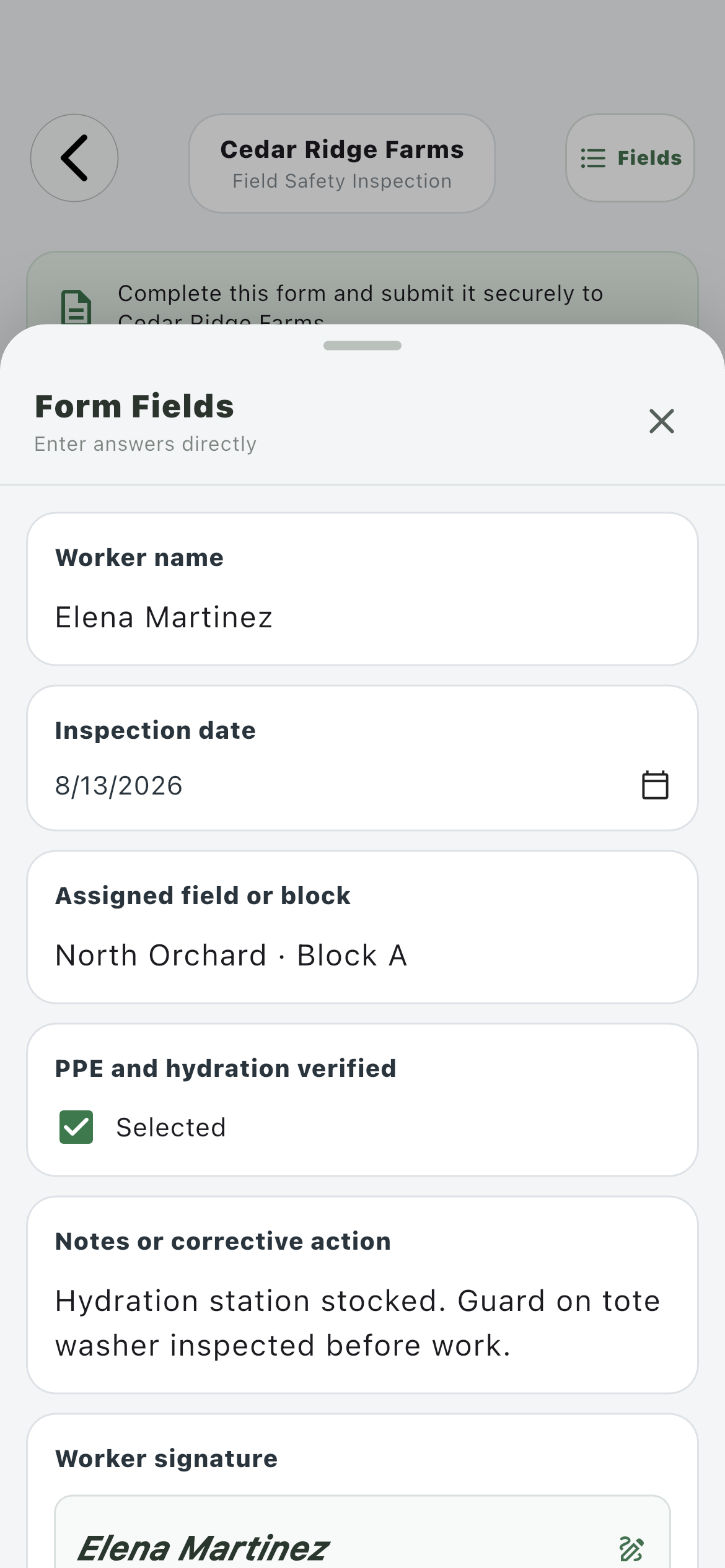 Farmroute Form Fields panel showing direct text date checkbox notes and worker signature entry