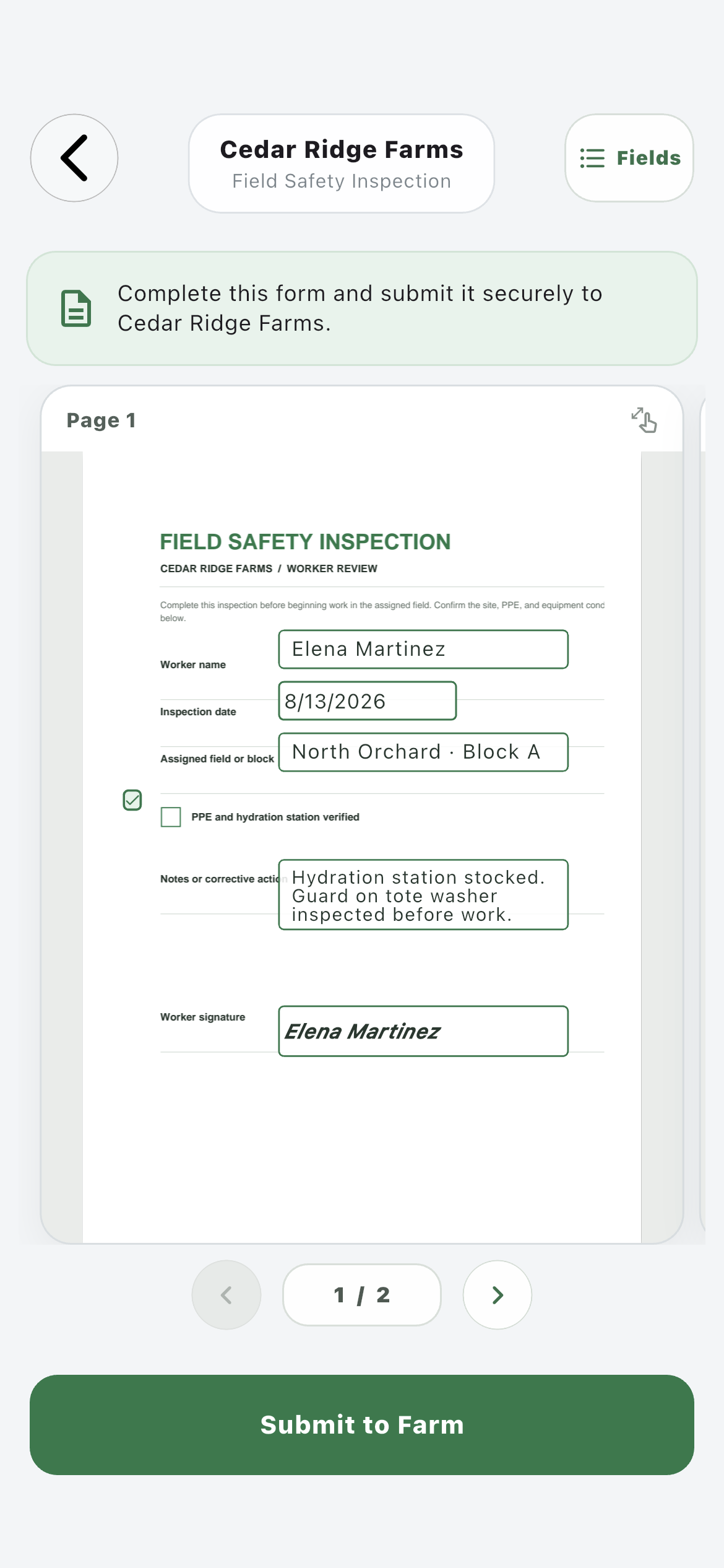Employee completing a Field Safety Inspection PDF with mapped worker name date block checkbox notes and signature fields
