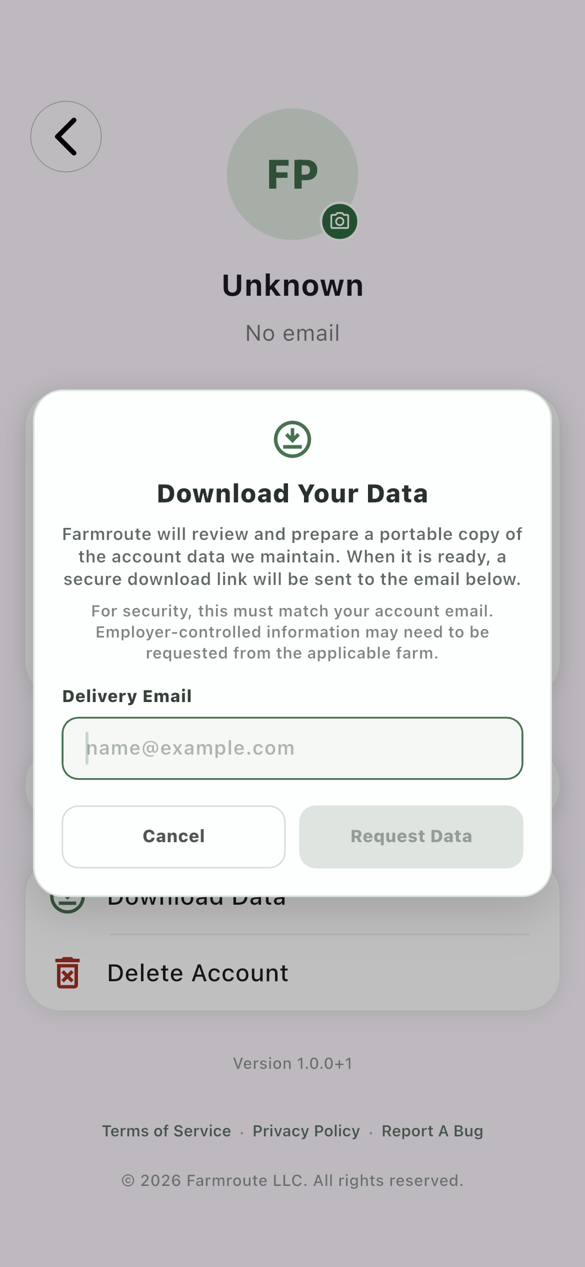 Farmroute Download Your Data request requiring the account email