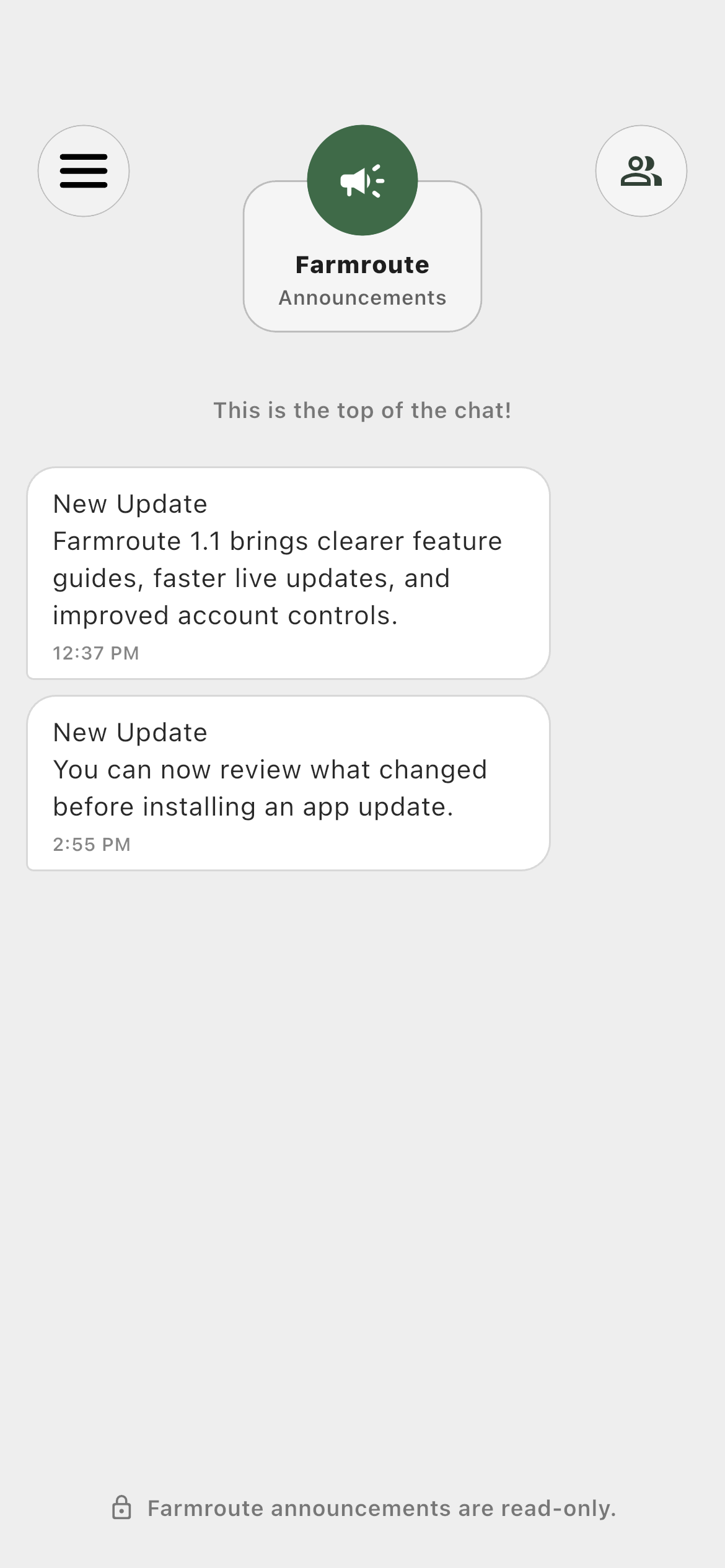 Farm profile viewing read-only New Update notices from Farmroute