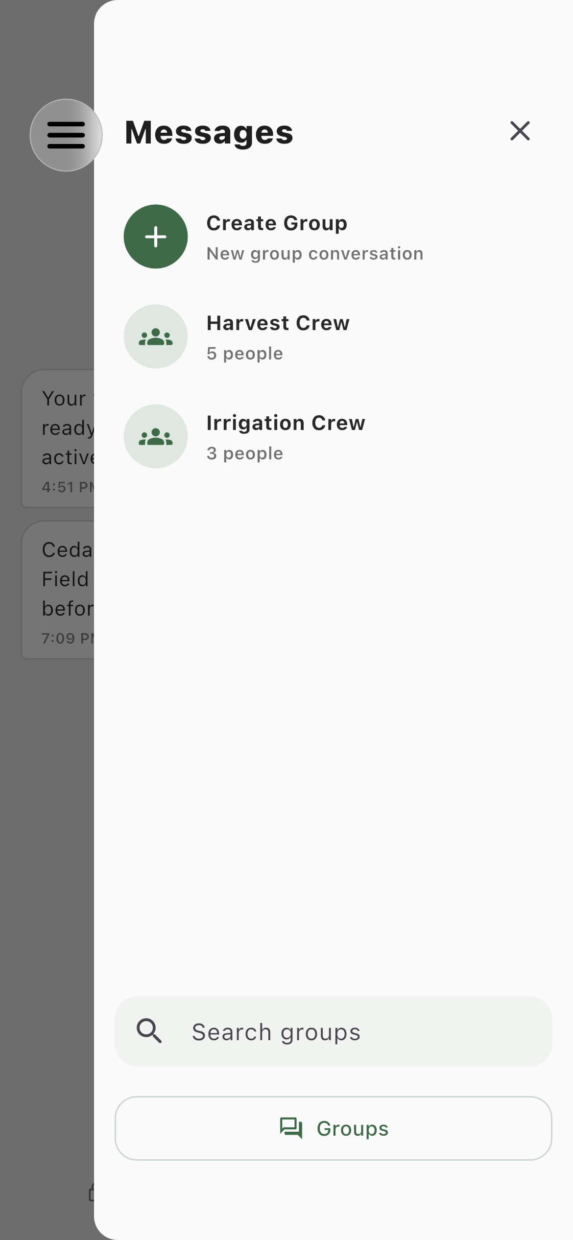 Farm group directory with Create Group, Harvest Crew, and Irrigation Crew