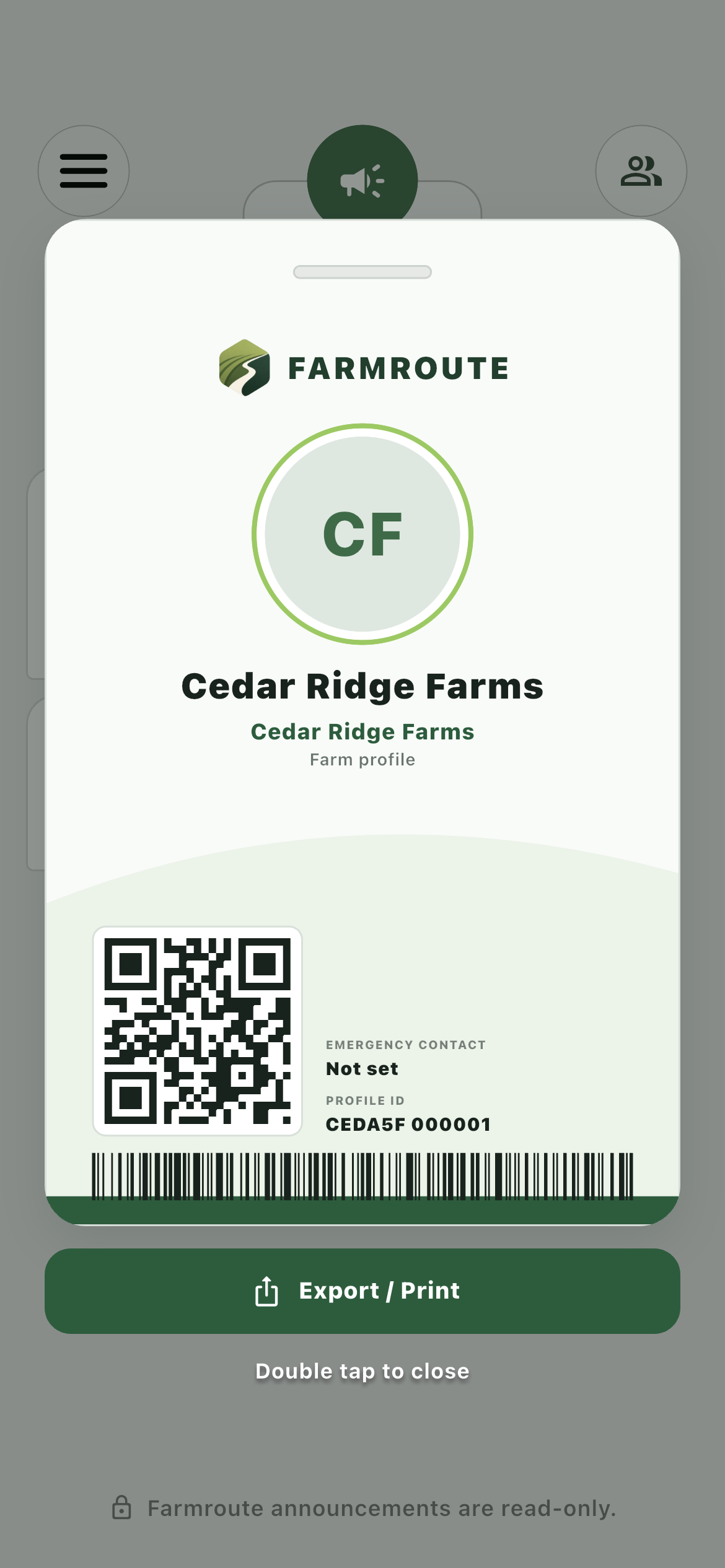 Farmroute farm ID overlay with export and print controls