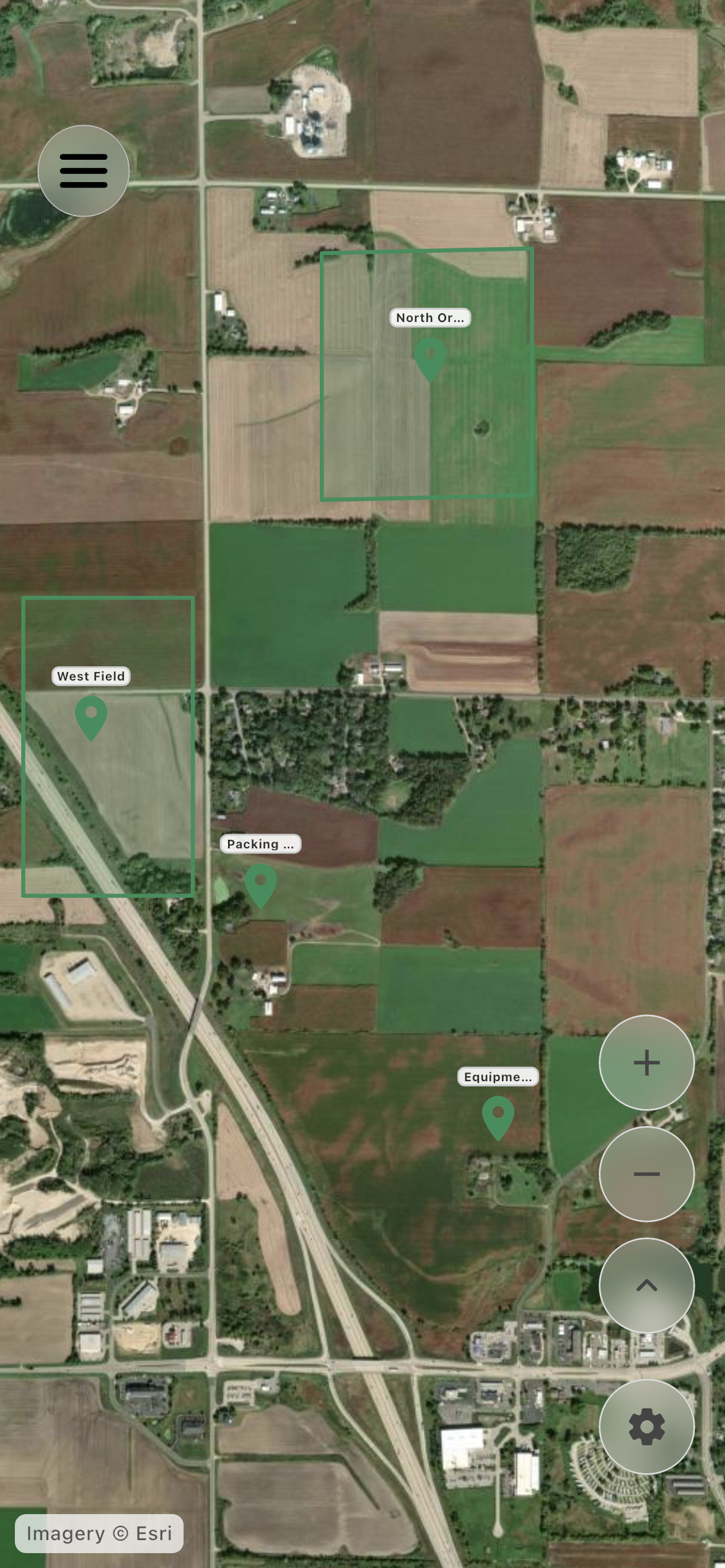 Farmroute farm profile satellite locations map with named operational markers and mapped field boundaries