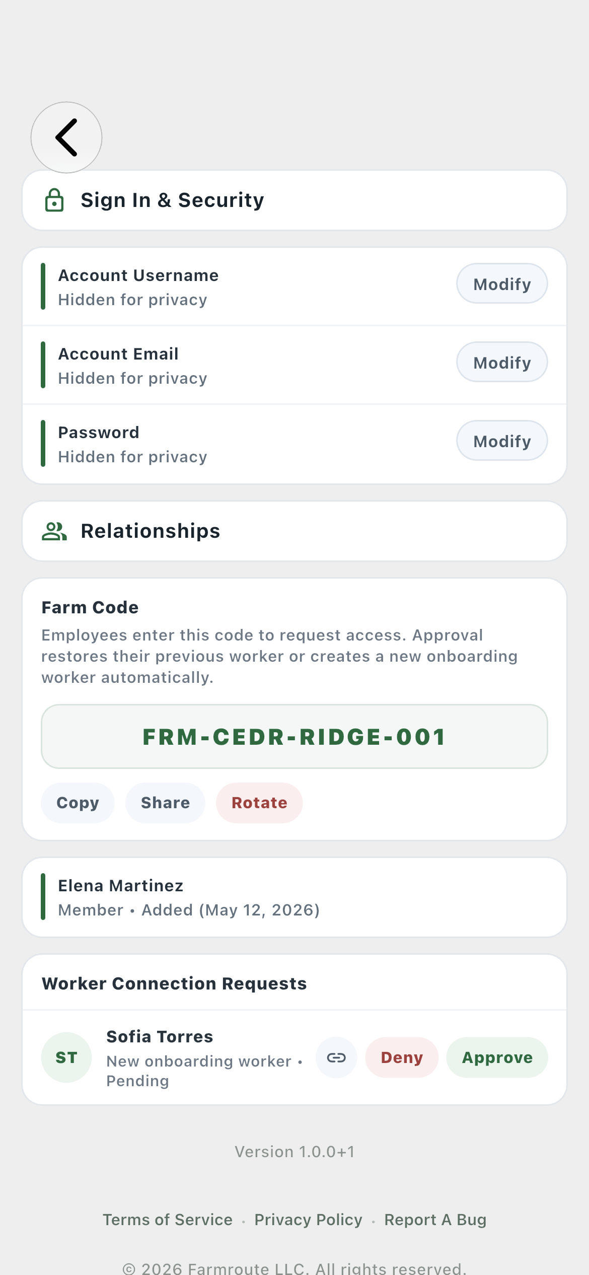 Farm Code and pending worker connection request in Sign In and Security