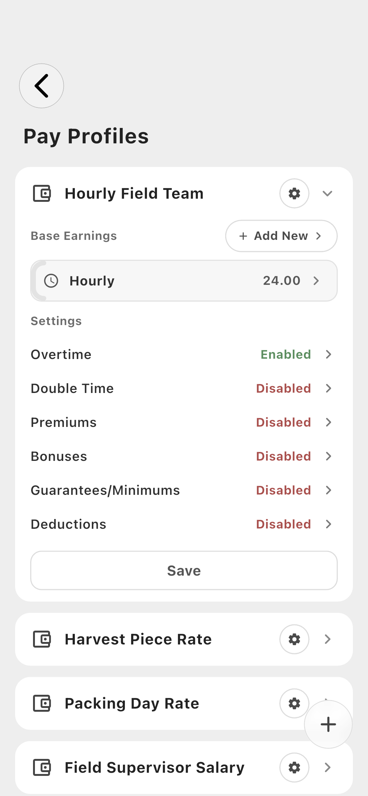 Expanded Hourly Field Team pay profile showing Base Earnings and Settings