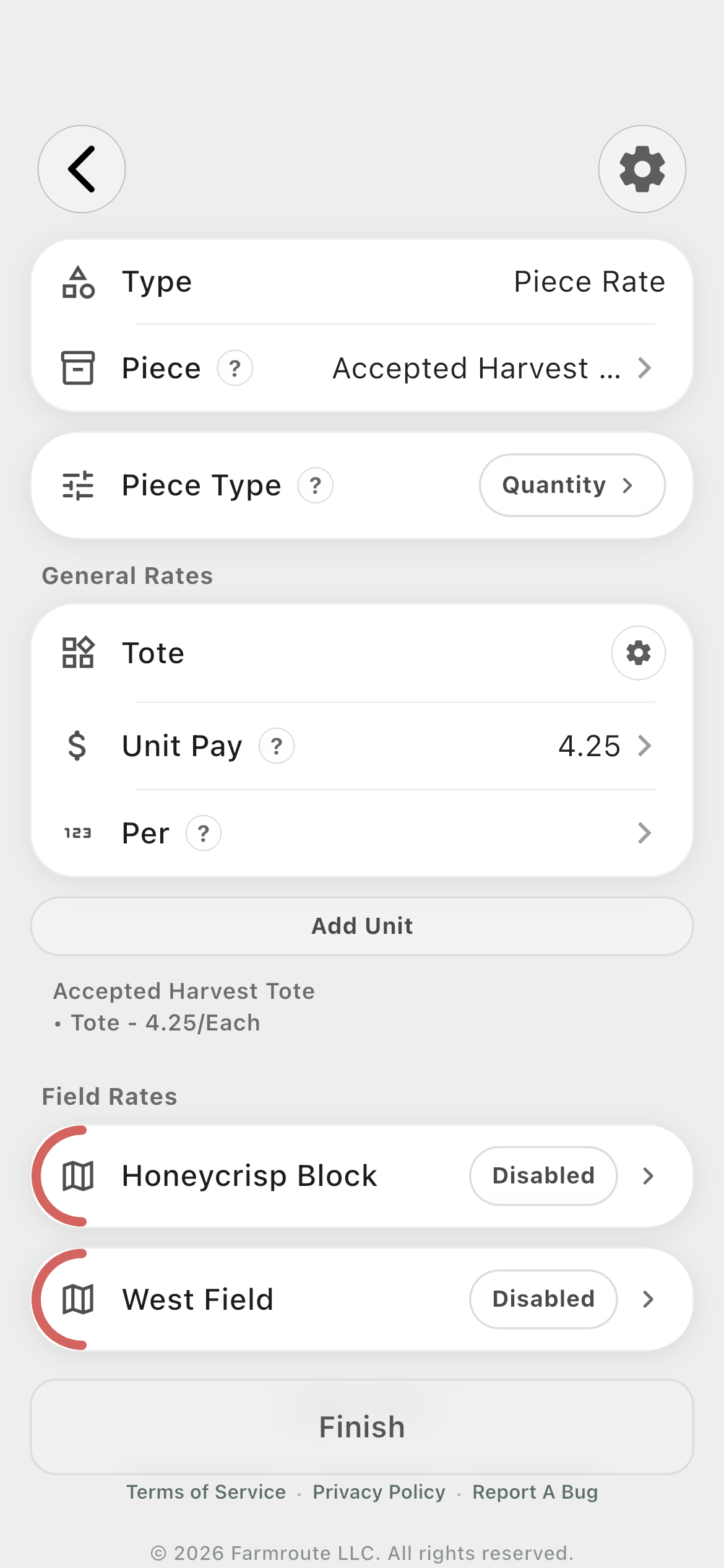 Farmroute quantity piece-rate profile for accepted harvest totes with unit and field rates