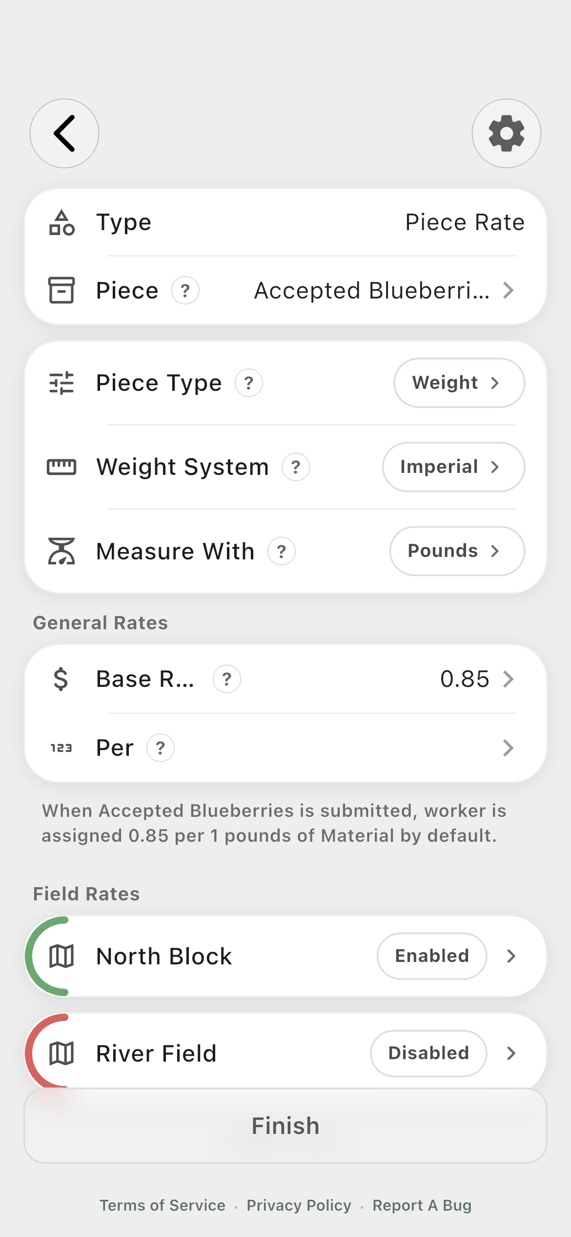 Farmroute weight-based piece rate for accepted blueberries with pounds and field rates