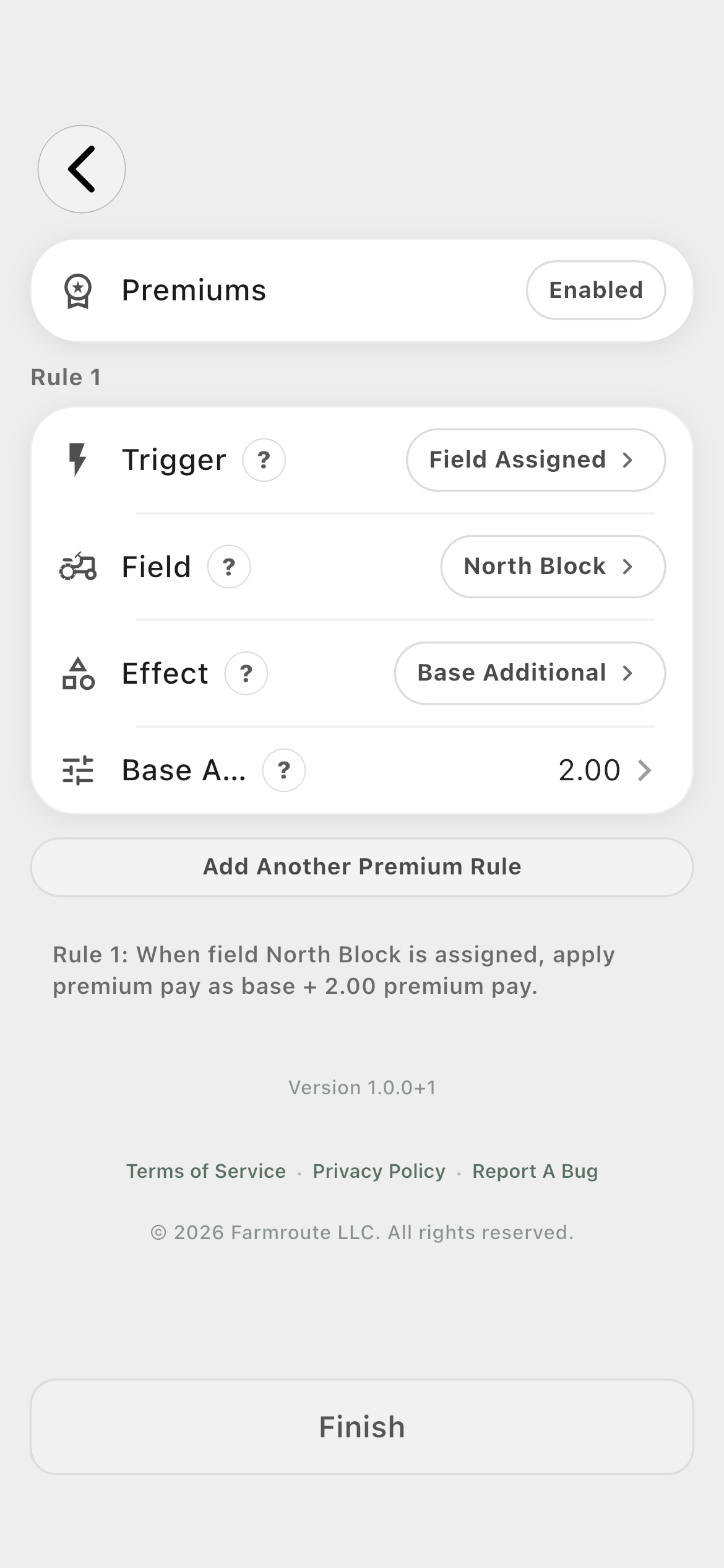 Farmroute field-assigned premium adding two dollars for North Block