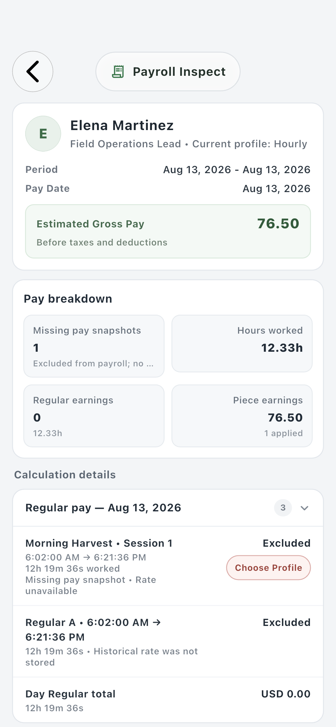 Payroll Inspect for Elena Martinez showing one applied piece earning of 76.50 dollars