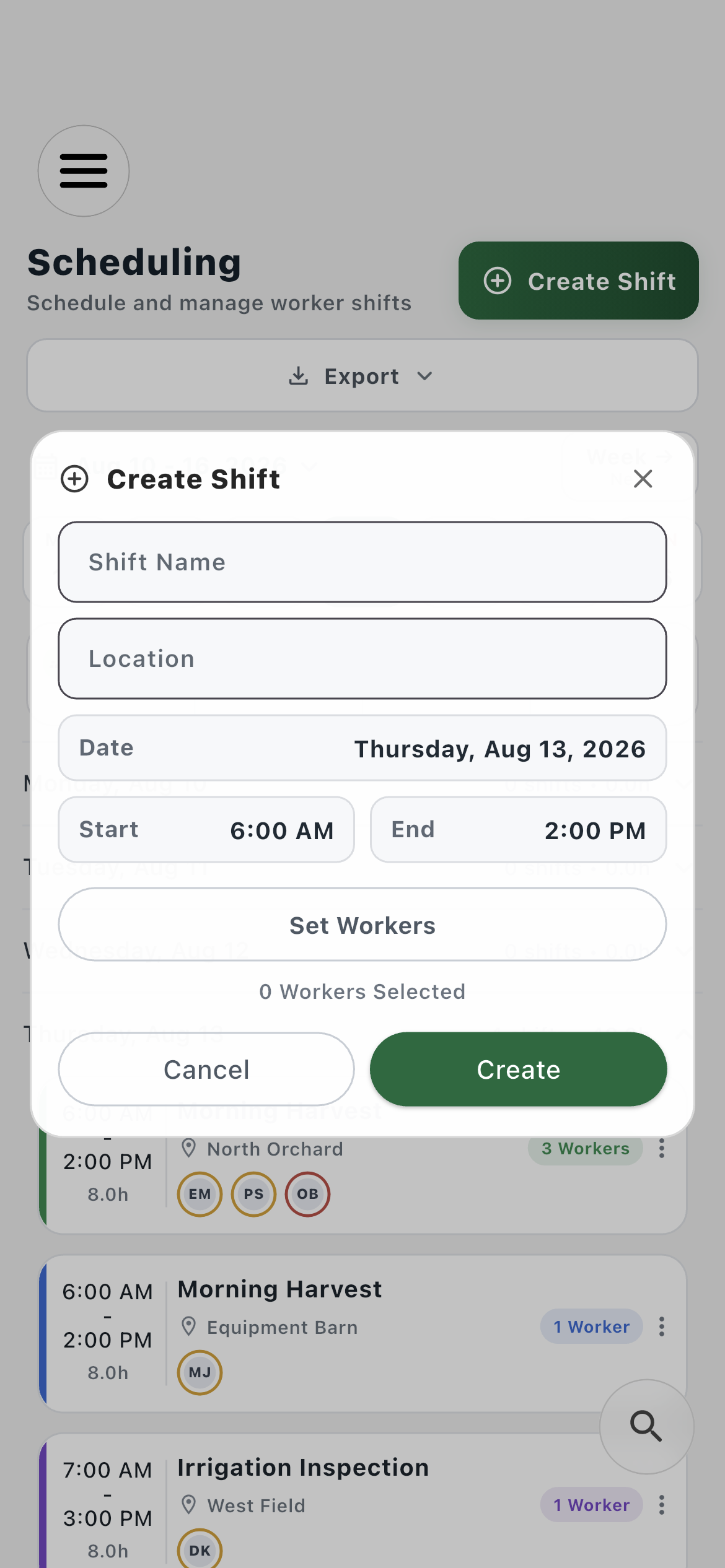 Farmroute Create Shift form with shift name, location, date, times, and worker selection