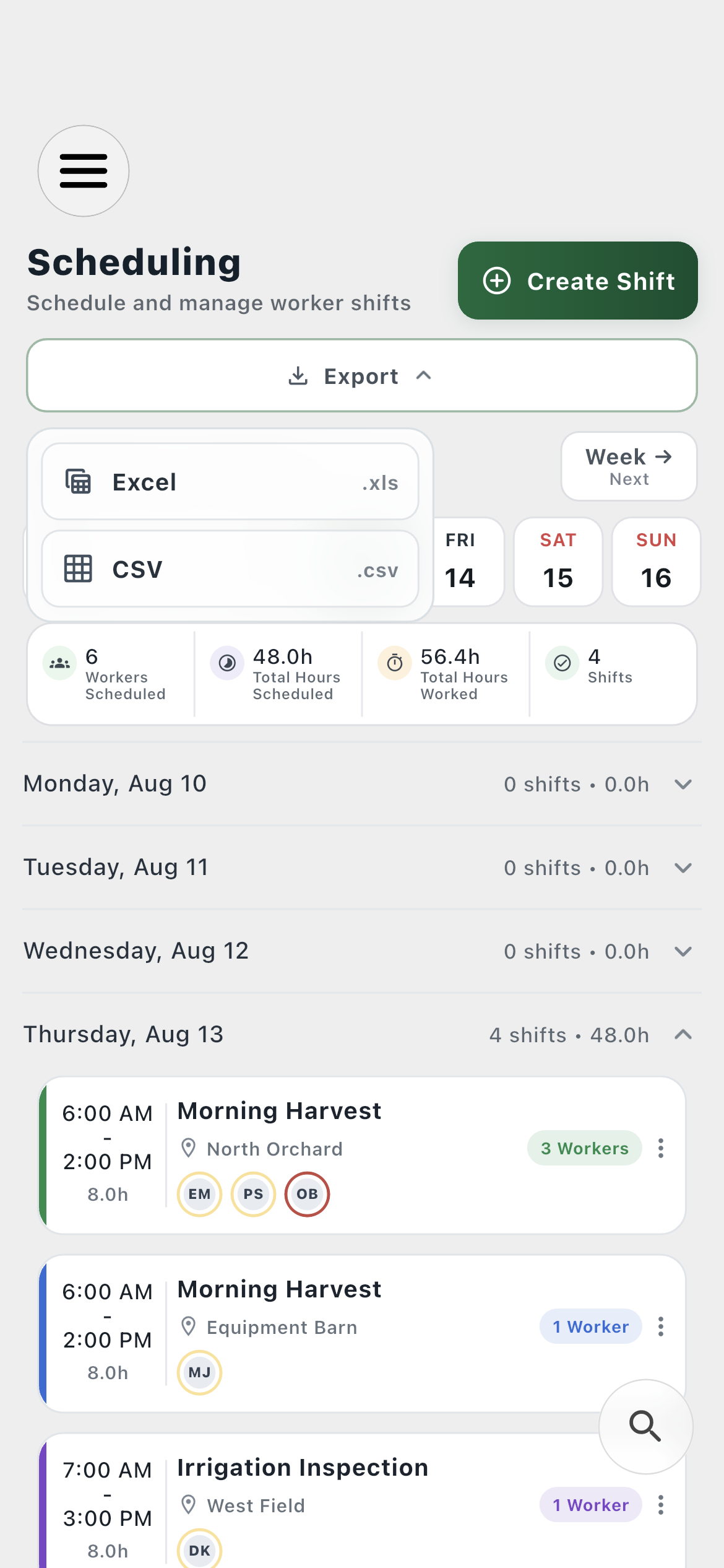 Farmroute schedule range export menu offering Excel and CSV