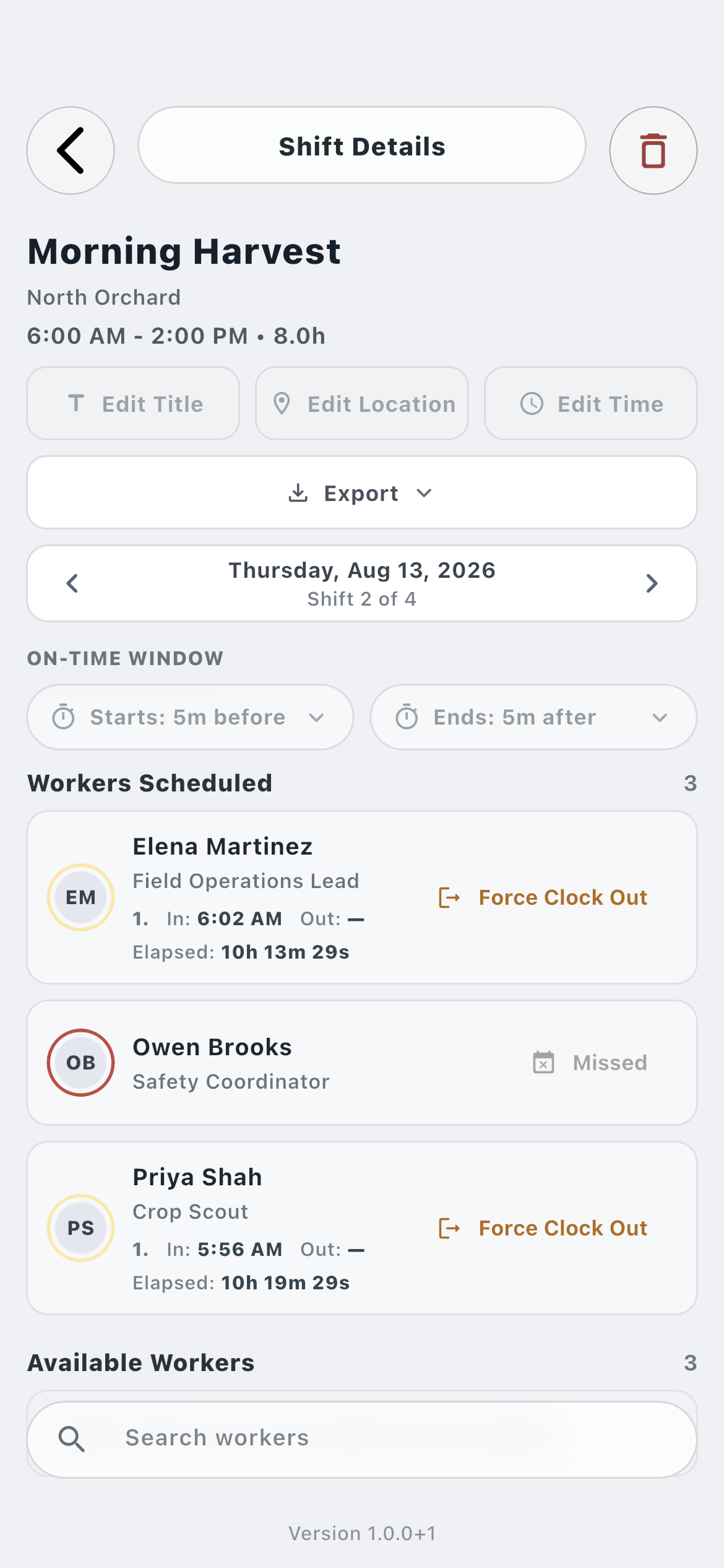 Farm shift details showing exact employee clock-ins, elapsed work, attendance rings, missed shift, and force clock-out