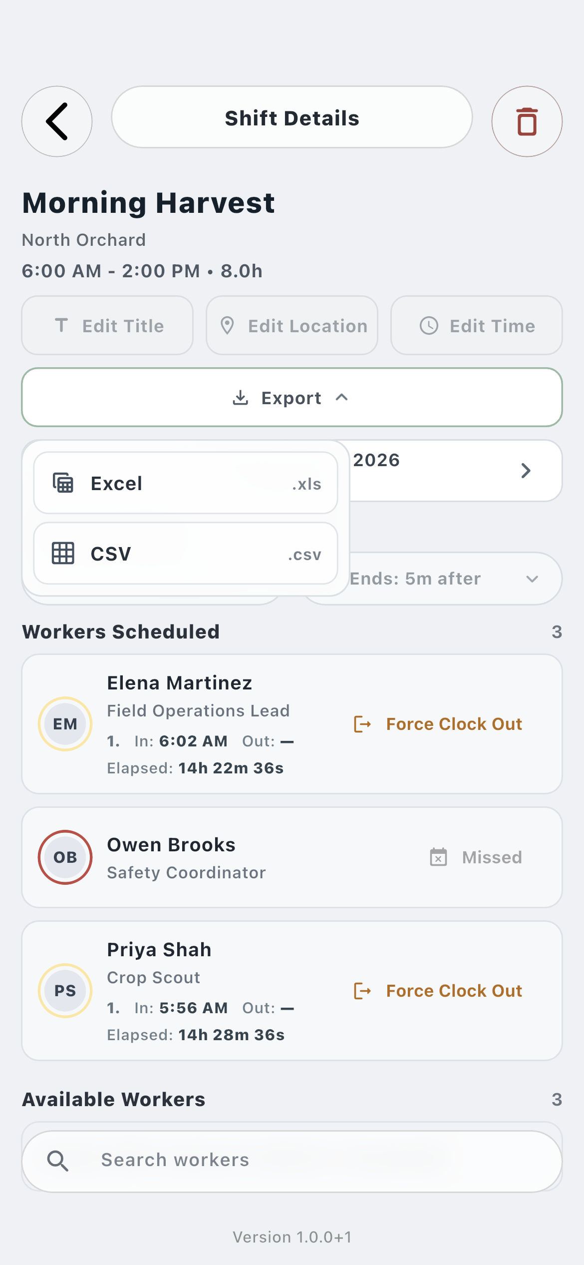 Farmroute shift details export menu offering Excel and CSV