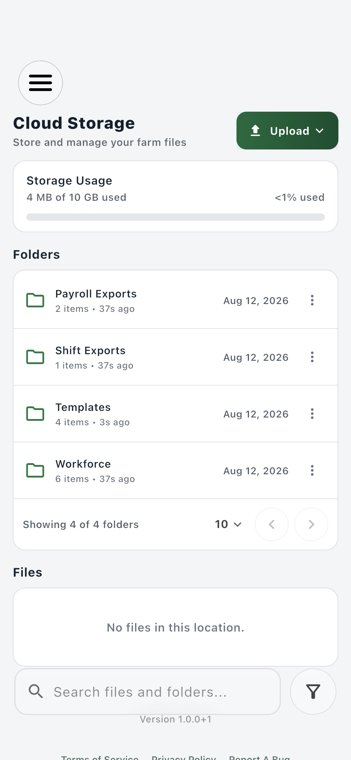 Farmroute farm storage showing usage, template files, and workforce folders