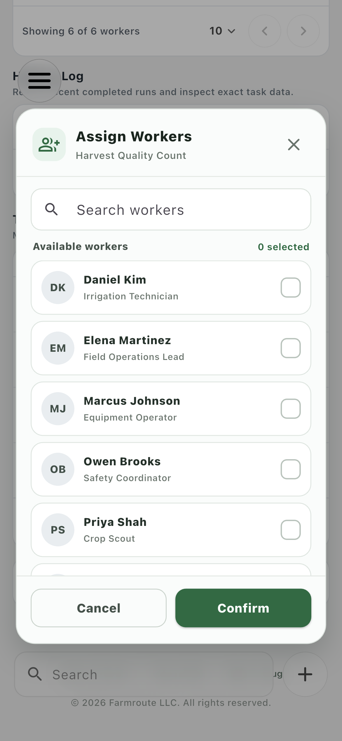 Farmroute Assign Workers dialog for a farm task template