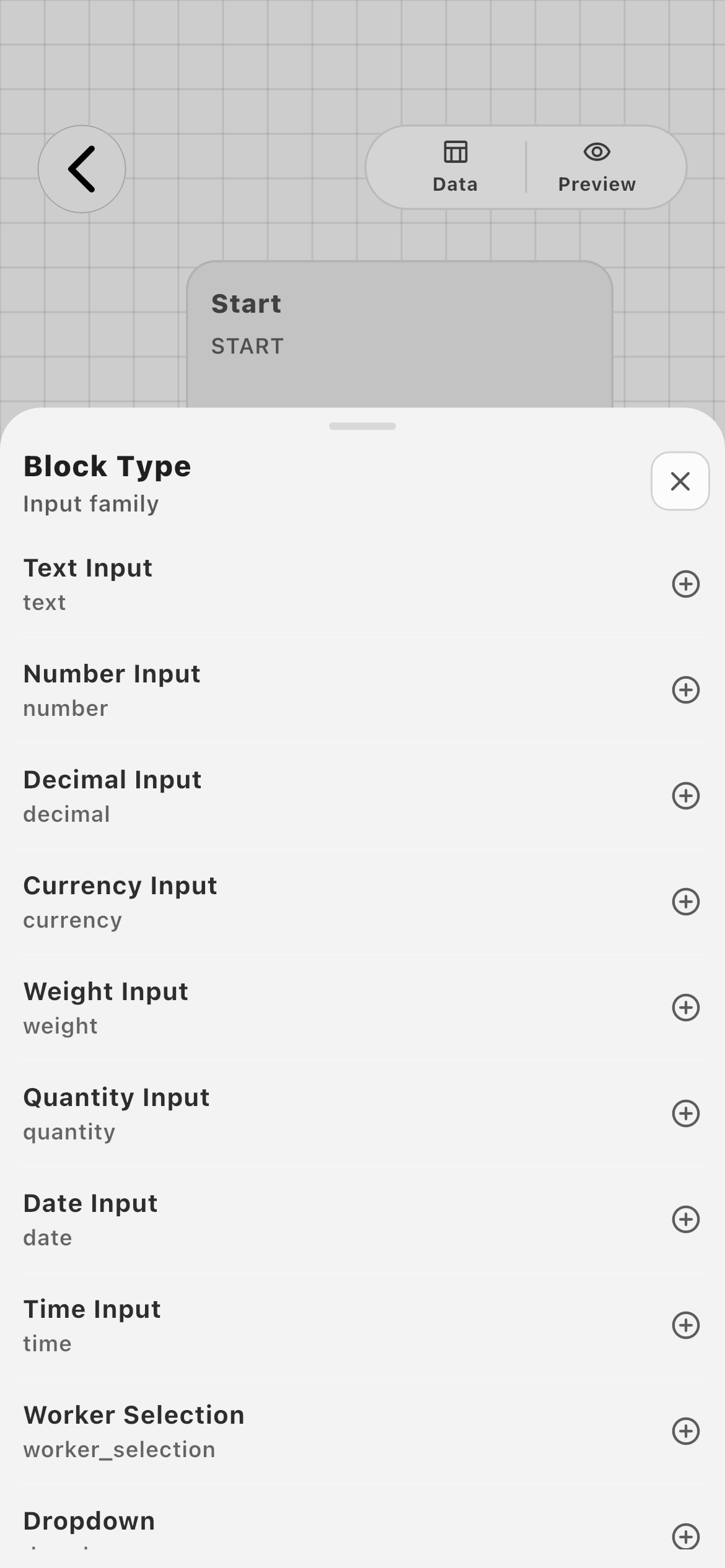 Farmroute input block types including text, number, decimal, currency, weight, quantity, date, time, worker selection, and dropdown