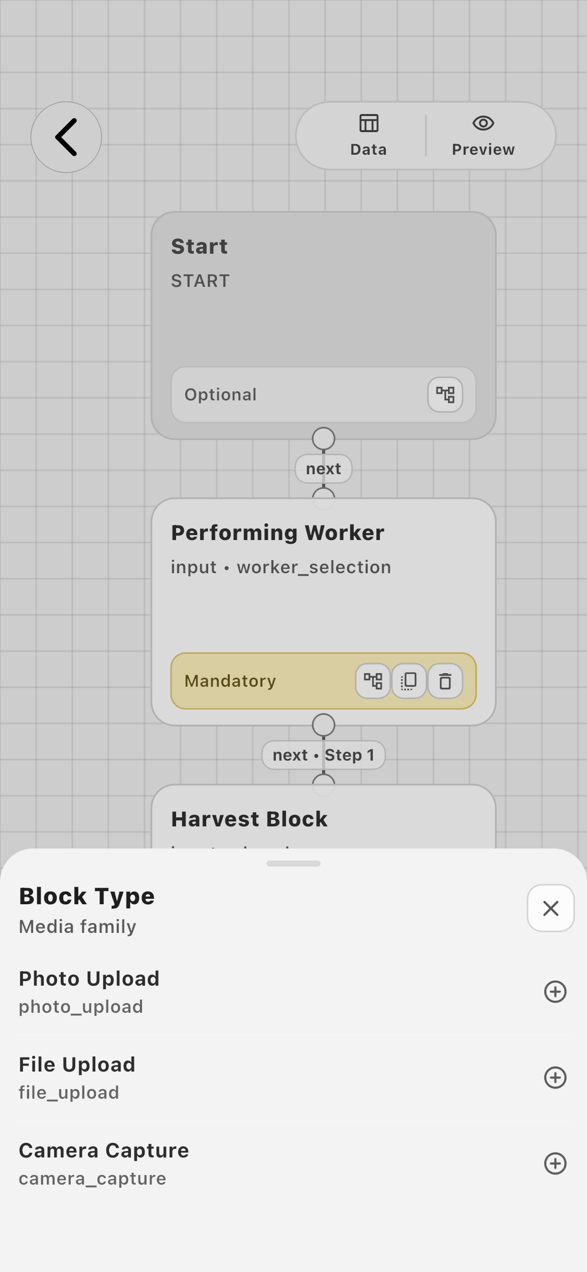 Farmroute Media block types with Photo Upload, File Upload, and Camera Capture