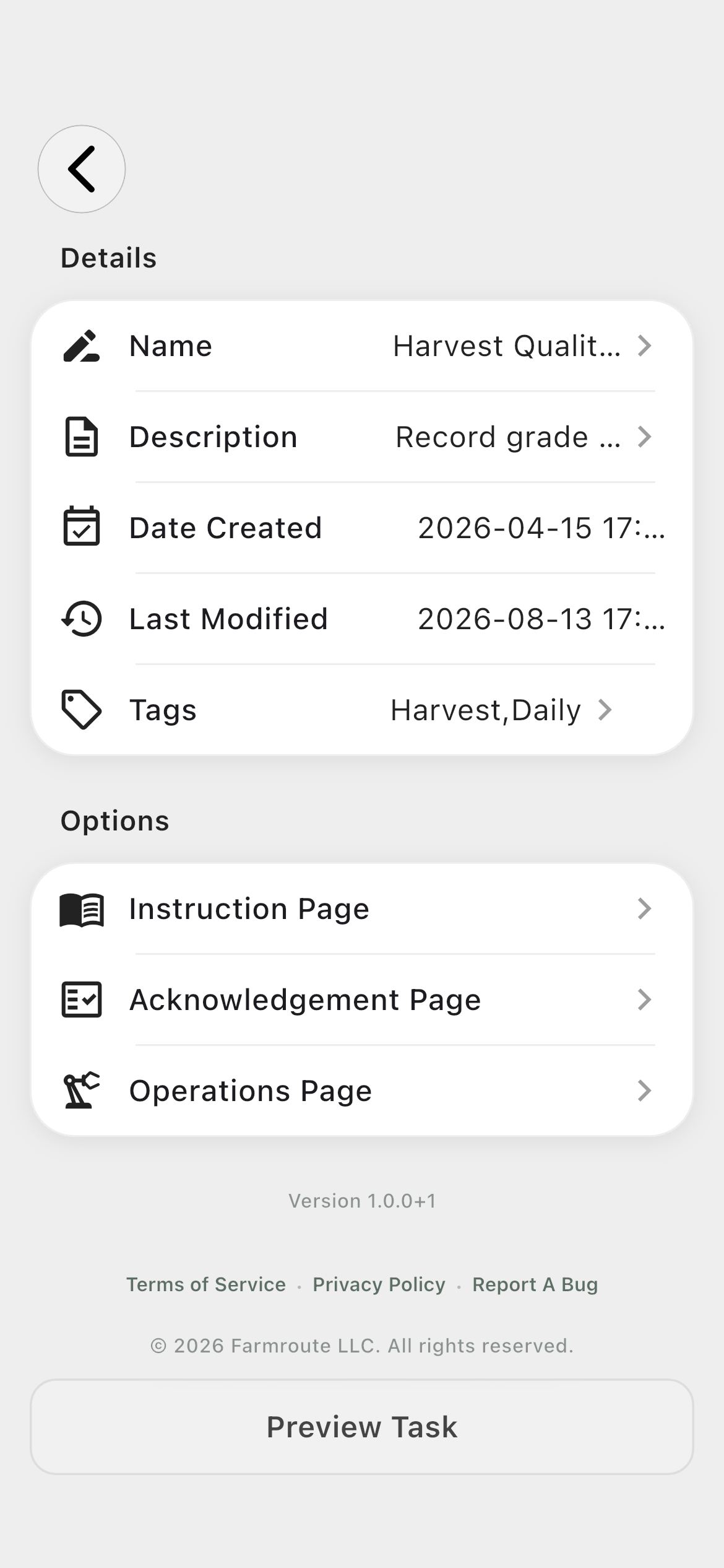 Farmroute Harvest Quality Count task template settings