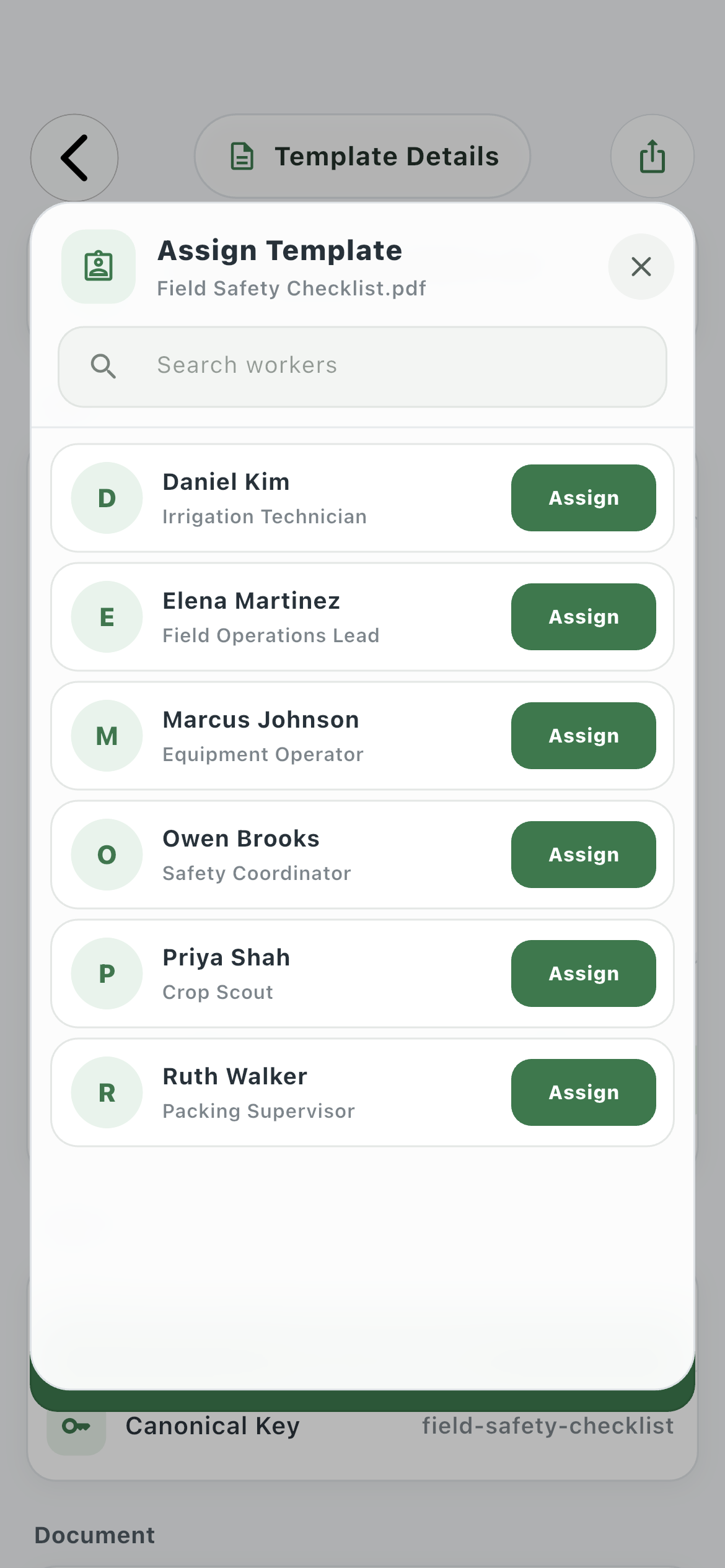 Farmroute Assign Template dialog listing eligible farm workers and their roles