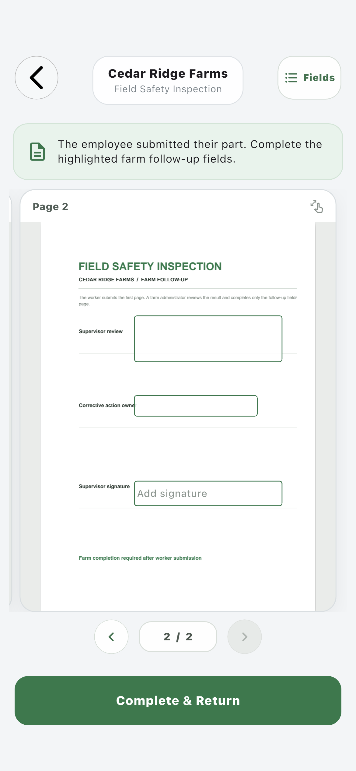 Farm profile reviewing page two of a worker-completed Field Safety Inspection with recursive farm follow-up fields fully rendered
