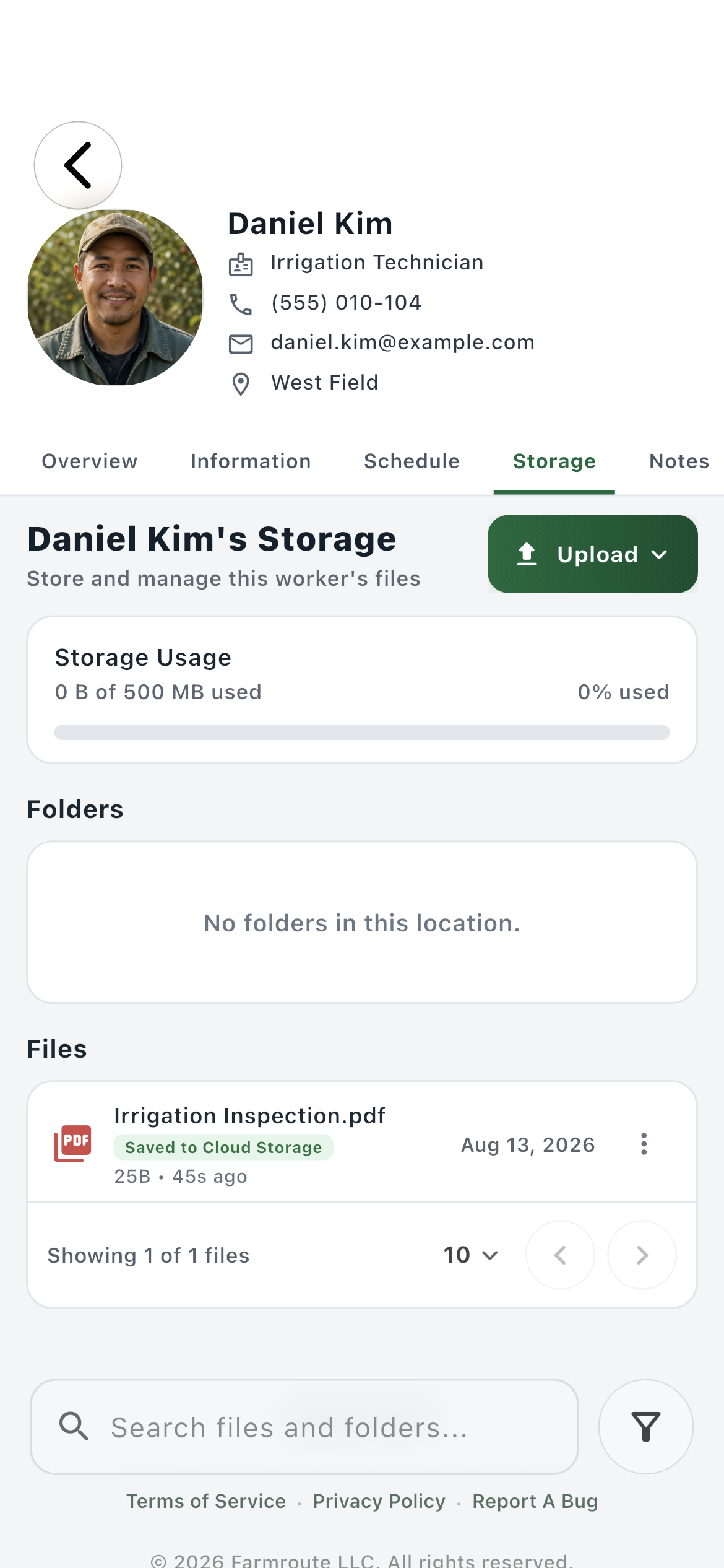 Farmroute worker profile Storage tab where farm-owned worker documents are retained