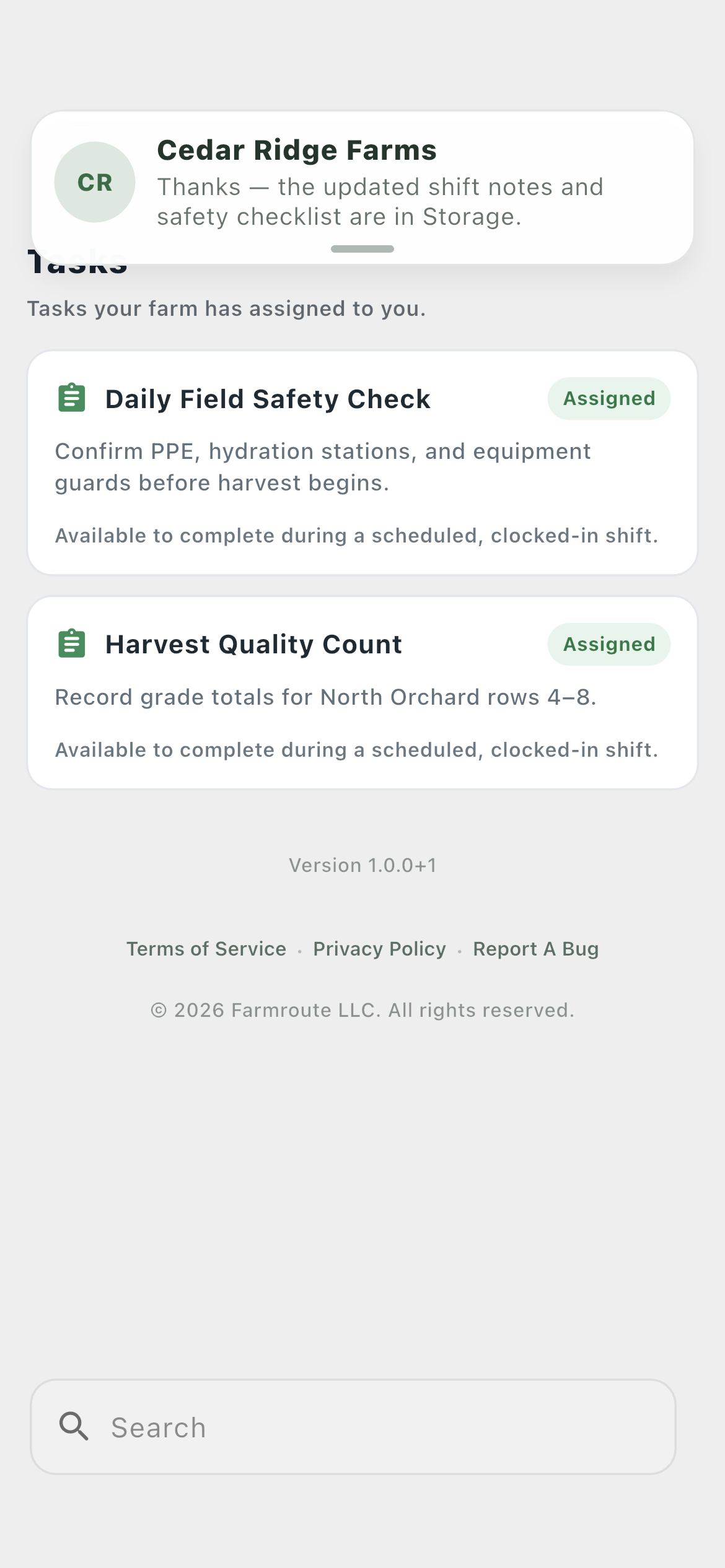 Farmroute in-app message notification from Cedar Ridge Farms above the employee task list